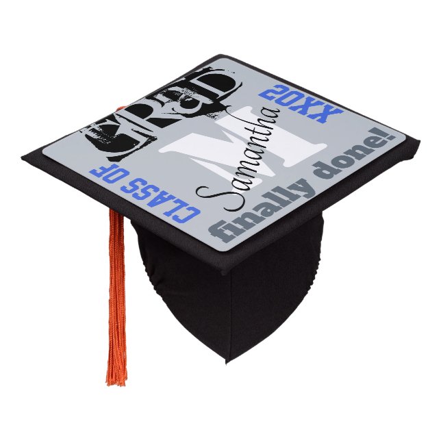 Monogram Silver Royal Blue Finally Done  Graduation Cap Topper (Angled)