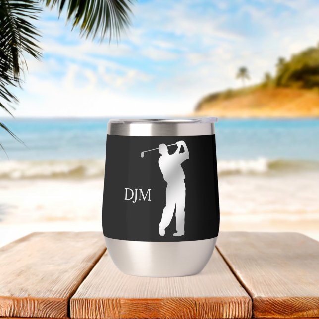 Monogram Silver Silhouette Golfer on Black Thermal Wine Tumbler (Beach)
