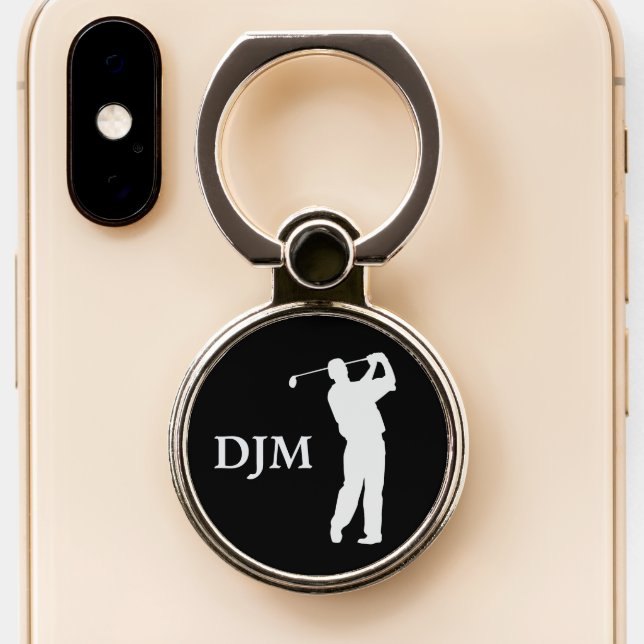 Monogram Silver Silhouette Golfer Phone Ring Stand (Close Up)