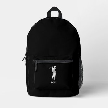 Monogram Silver Silhouette Golfer Printed Backpack by Westerngirl2 at Zazzle