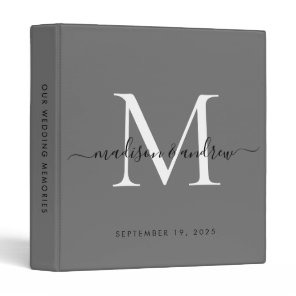 Monogram Silver Slate Gray Script Wedding Album 3 Ring Binder