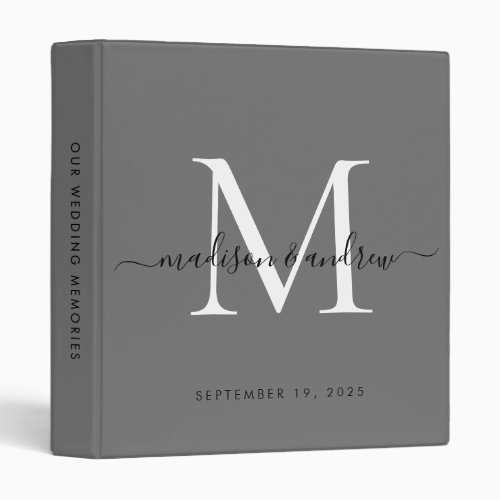 Monogram Silver Slate Gray Script Wedding Album 3 Ring Binder