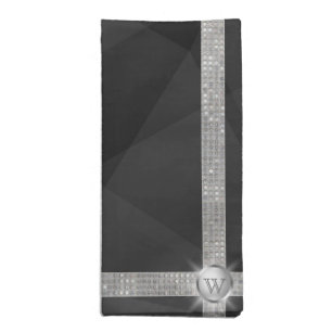Monogram Silver Sparkle on Black Wedding Cloth Napkin