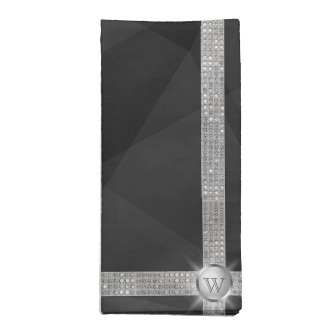 Monogram Silver Sparkle on Black Wedding Cloth Napkin (Folded)