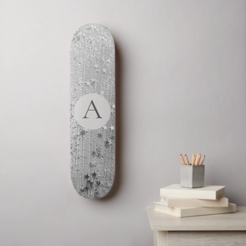 Monogram Silver Stardust Glitter on Silver Burlap Skateboard