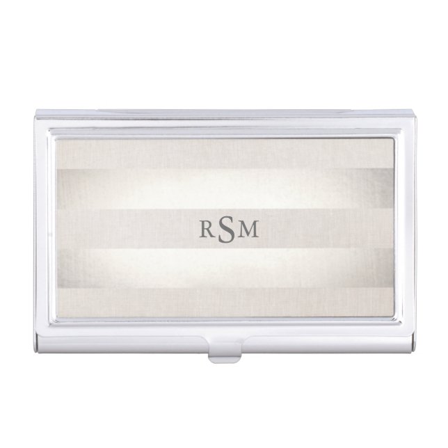 Monogram Silver Striped Modern Stylish Business Card Holder (Front)