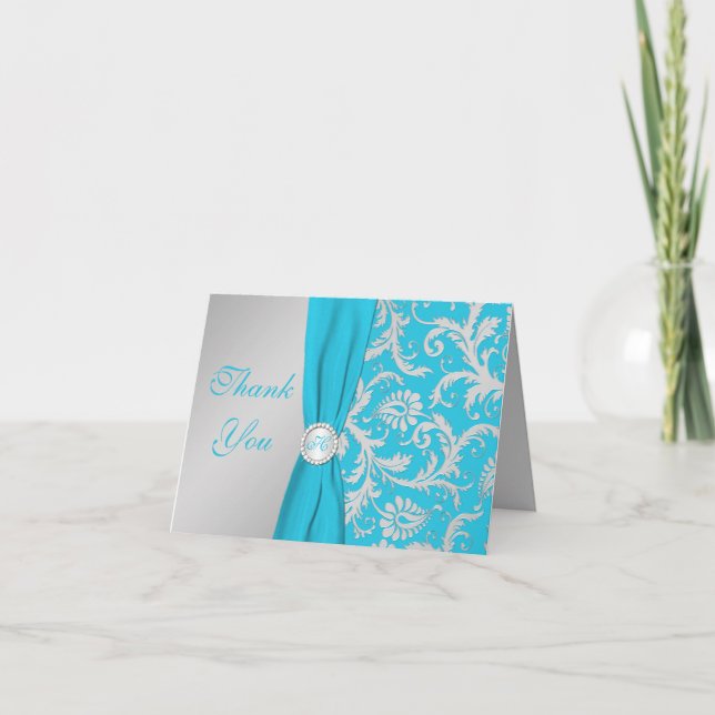Monogram Silver, Turquoise Damask Thank You Card (Front)