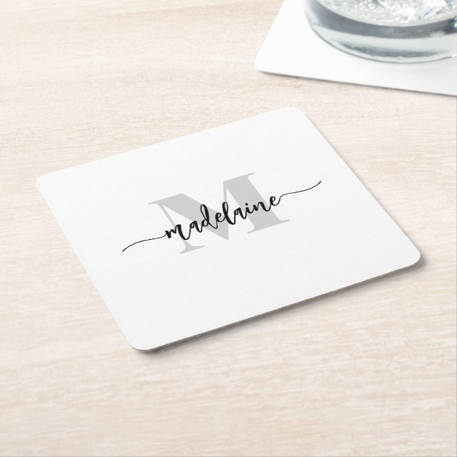 Monogram Silver White Black Personal Square Paper Coaster (Angled)