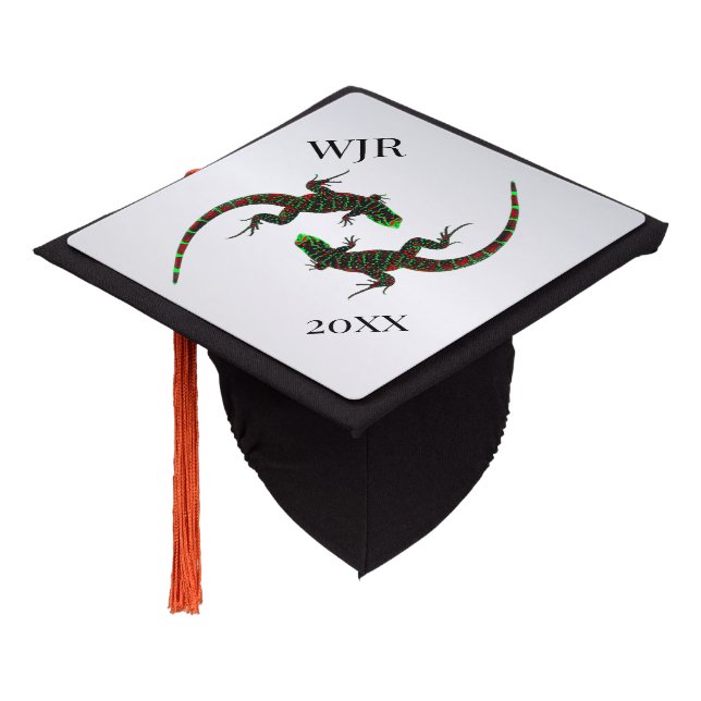 Monogram Silver Yin Yang Lizards w/ Year  Graduation Cap Topper (Angled)