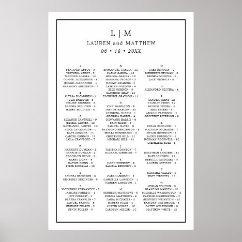 Monogram Simple Alphabetical Wedding Seating Chart