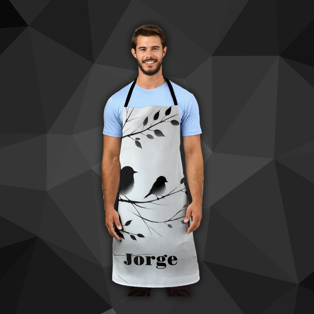 Monogram Simple Black and White Birds in Trees |  Apron (Creator Uploaded)