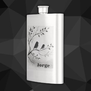 Monogram Simple Black and White Birds in Trees Flask