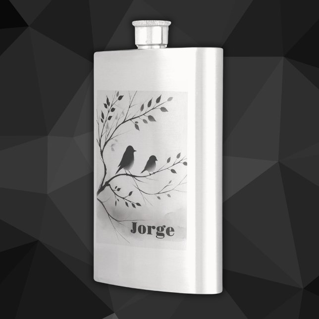 Monogram Simple Black and White Birds in Trees |  Flask (Creator Uploaded)