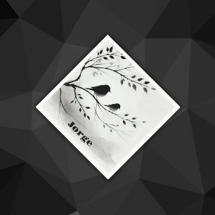 Monogram Simple Black and White Birds in Trees    Napkins