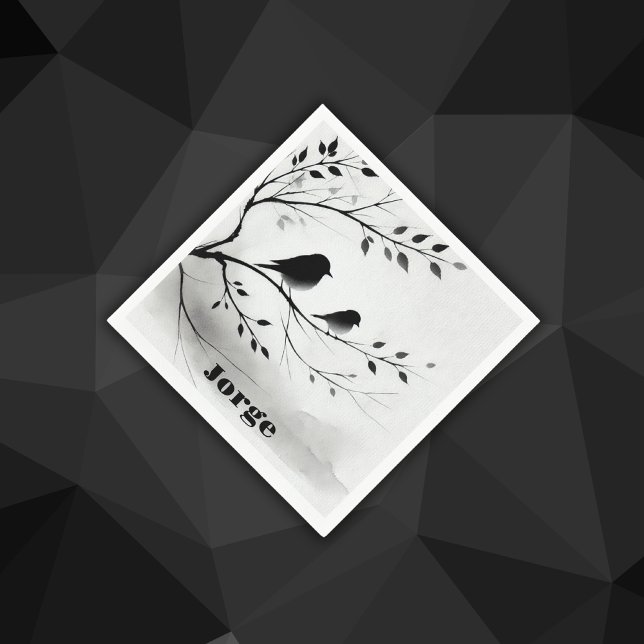 Monogram Simple Black and White Birds in Trees |  Napkins (Creator Uploaded)