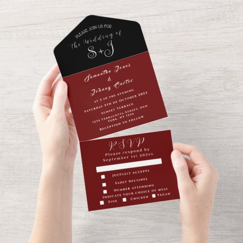 Monogram Simple Black Burgundy Calligraphy Wedding All In One Invitation