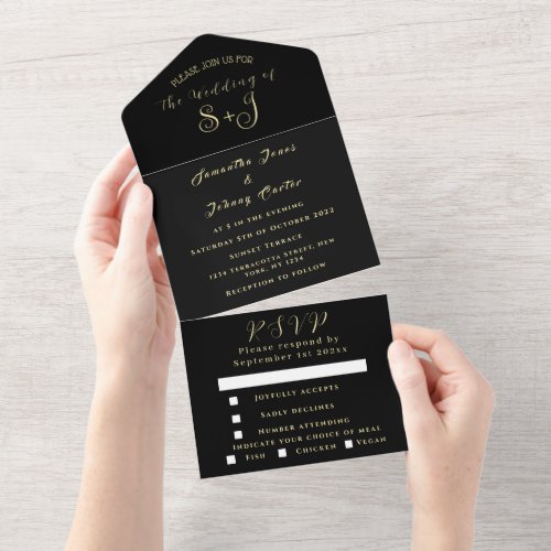 Monogram Simple Black Gold Calligraphy Wedding All In One Invitation
