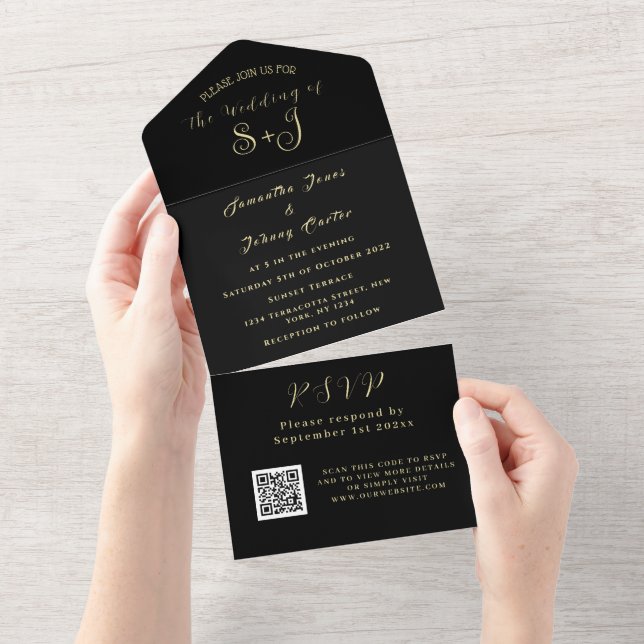 Monogram Simple Black Gold QR Code Wedding All In One Invitation (Tearaway)