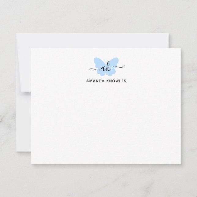 Monogram Simple Blue Butterfly Minimalist Girly Note Card (Front)