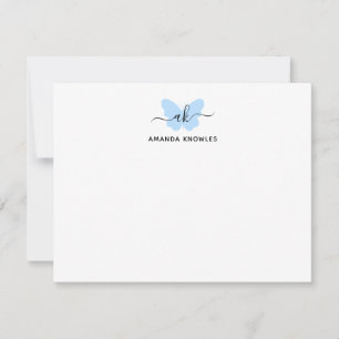 Monogram Simple Blue Butterfly Minimalist Girly Note Card