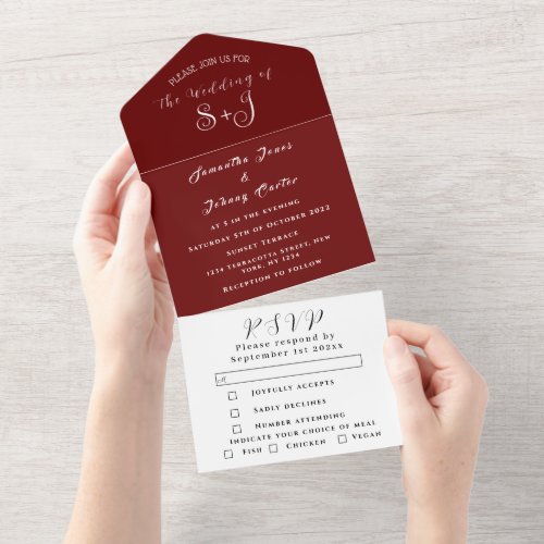 Monogram Simple Burgundy Calligraphy Wedding All In One Invitation