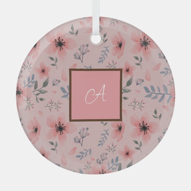 Monogram Simple Cute Pink Flower Bloom Boho  Glass Ornament (Front)