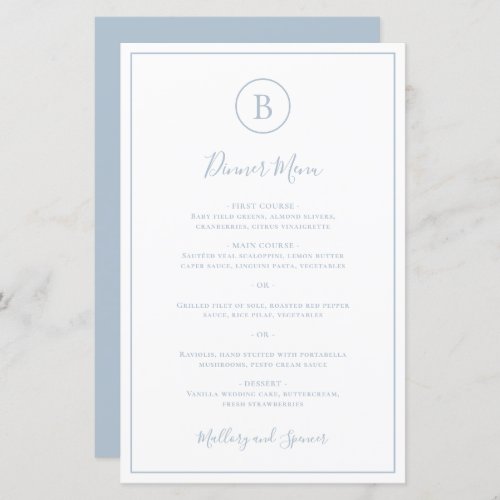 Monogram Simple Dusty Blue Elegant Wedding Menu