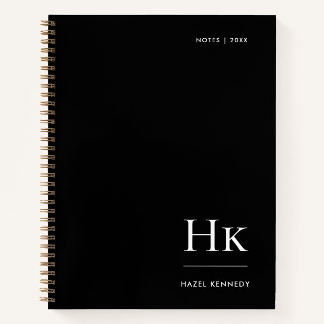 Monogram Simple Elegant Black Personalized Name Notebook (Front)