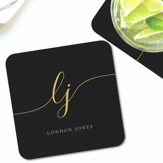 Monogram Simple Elegant Calligraphy Black Gold Beverage Coaster (Creator Uploaded)