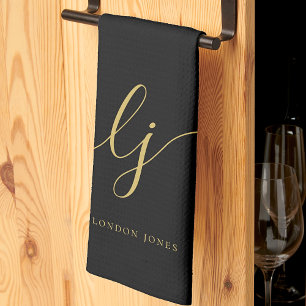 Monogram Simple Elegant Calligraphy Black Gold Kitchen Towel