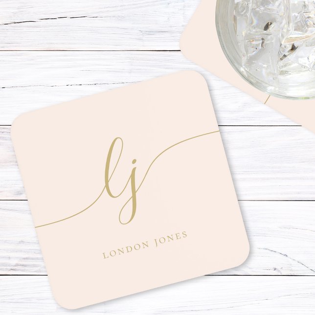 Monogram Simple Elegant Calligraphy Blush Gold Beverage Coaster (Creator Uploaded)