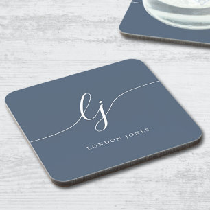 Monogram Simple Elegant Calligraphy Navy Blue Beverage Coaster