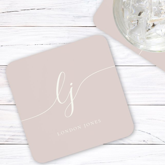 Monogram Simple Elegant Calligraphy Rose Pink Beverage Coaster (Creator Uploaded)