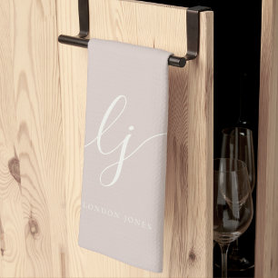 Monogram Simple Elegant Calligraphy Rose Pink Kitchen Towel