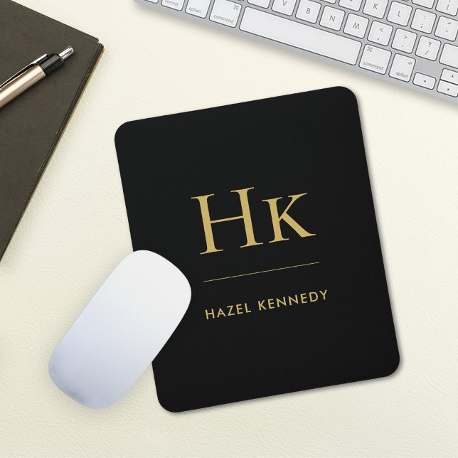 Monogram Simple Elegant Classic Black Gold Mouse Pad (Creator Uploaded)