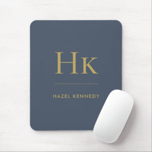 Monogram Simple Elegant Classic Navy Blue Gold Mouse Pad