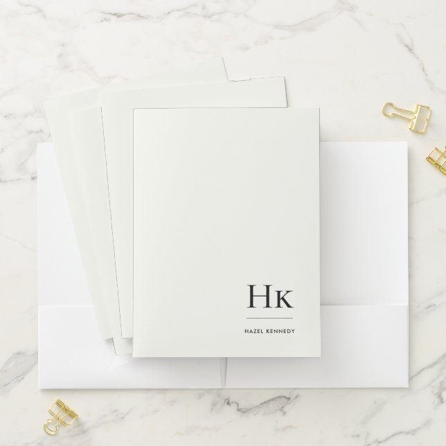 Monogram Simple Elegant Ivory White Personalized Pocket Folder (In Situ)