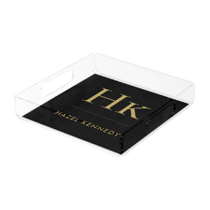 Monogram Simple Elegant Minimalist Black Gold Acrylic Tray