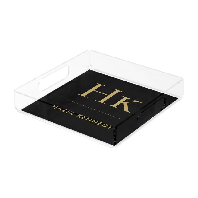 Monogram Simple Elegant Minimalist Black Gold Acrylic Tray (Angled)