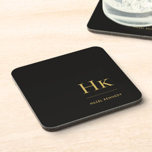 Monogram Simple Elegant Minimalist Black Gold Beverage Coaster