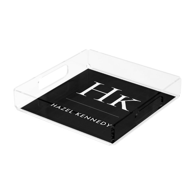 Monogram Simple Elegant Minimalist Black White Acrylic Tray (Angled)