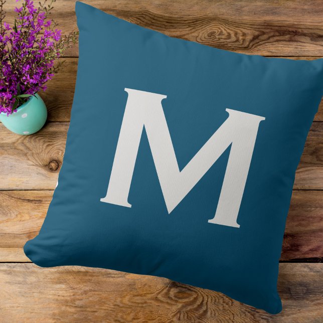 Monogram Simple Elegant Modern Blue Throw Pillow (Creator Uploaded)