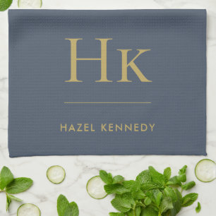 Monogram Simple Elegant Navy Blue Gold Monogrammed Kitchen Towel