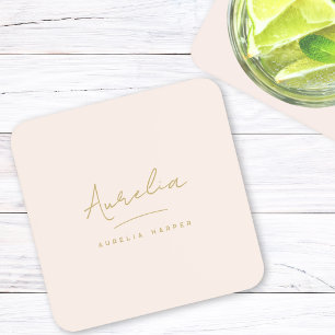 Monogram Simple Elegant Signature Minimal Blush Beverage Coaster