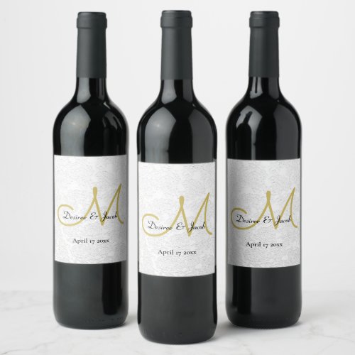 Monogram Simple Gold White Black Elegant Wedding Wine Label