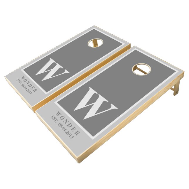 Monogram simple gray Wedding Newly Wed Cornhole Set (Angled)