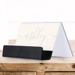 Monogram Simple Ivory Pink Script Calligraphy Name Desk Business Card Holder