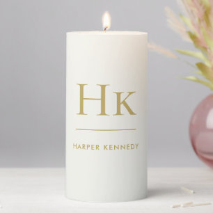 Monogram Simple Minimalist Ivory Gold Monogrammed Pillar Candle