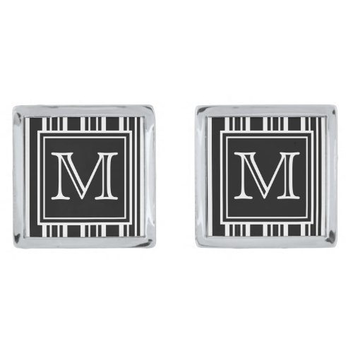 Monogram  Simple Modern Black and White Stripes Cufflinks