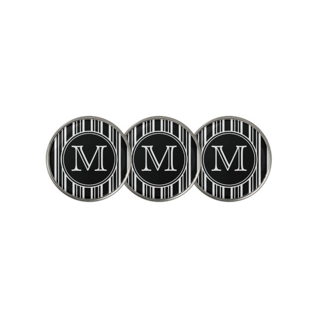 Monogram | Simple Modern Black and White Stripes Golf Ball Marker (3 Up)
